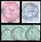 Great Britain, 1884, Queen Victoria, 5s rose and 10s ultramarine, and 1891, £1 green. OW FVF