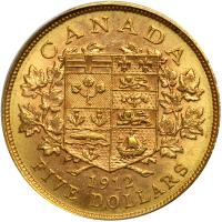 Canada. 5 Dollars, 1912. PCGS AU58 - 2