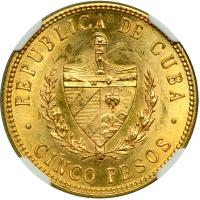 Cuba. 5 Pesos, 1916. NGC MS62 - 2