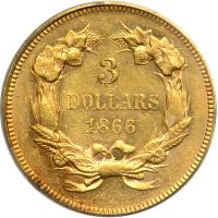 1866 $3 Gold. PCGS AU58 - 2