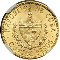 Cuba. 4 Pesos, 1916. NGC MS63 - 2