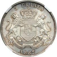 Belgian Congo. 5 Francs, 1887. NGC MS65 - 2