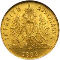 Austria. 8 Florins/20 Francs, 1892. NGC MS66 - 2