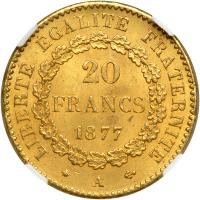 France. 20 Francs, 1877-A. NGC MS63 - 2