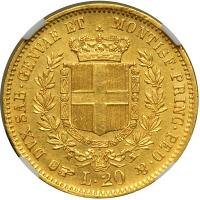 Italian States - Sardinia. 20 Lire, 1858-B. NGC AU - 2