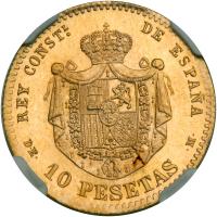 Spain. 10 Pesetas, 1878 (62) DEM. NGC MS67 - 2