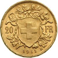 Switzerland. 20 Francs, 1911-B. AU - 2
