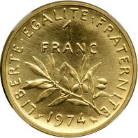 France. Piefort Gold 1 Franc, 1974. NGC PF68 - 2