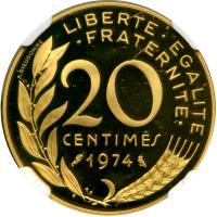France. Piefort Gold 20 Centimes, 1974. NGC PF67 - 2