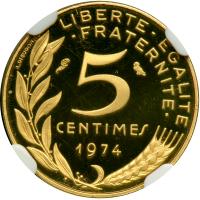 France. Piefort Gold 5 Centimes, 1974. NGC PF68 - 2