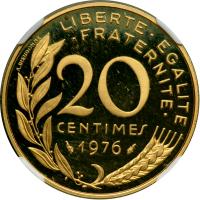 France. Piefort Gold 20 Centimes, 1976. NGC PF66 - 2