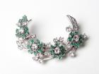 Emerald, Diamond, 18K White Gold Floral Design Brooch