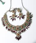 Indian Mughal Ruby, Emerald, Enamel, Yellow Gold Necklace & Earring Suite