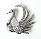 Diamond, Emerald, 18K White Gold Swan Brooch