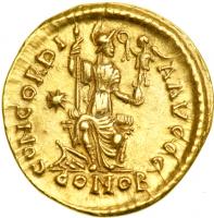 Honorius, AD 393-423. Gold Solidus (4.45 g) minted at Thessalonica, AD 403-408. EF - 2