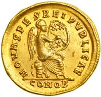 Arcadius, AD 383-408. Gold Solidus (4.42 g) minted at Constantinople, c. AD 402-403. AEF - 2