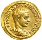 Diadumenian, AD 218. Gold Aureus (7.22 g) minted at Rome as Caesar, AD 217-218, by his father, Macrinus. EF