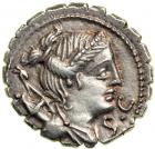 Ti. Claudius Ti.f.Ap.n. Nero, moneyer. AR Serrated Denarius minted at Rome, 79 BC. EF