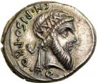 Cn. Pompeius Magnus and Cn. Calpurnius Piso. AR Denarius minted along the Illyrian Coast, 48 BC. EF