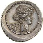 P. Clodius M.f. Turrinus, moneyer. AR Serrated Denarius minted at Rome, 42 BC. EF