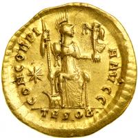 Theodosius II, AD 402-450. Gold Solidus (4.36 g) minted at Thessalonica, AD 408-420. VF - 2