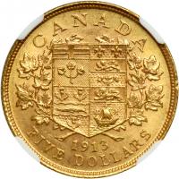 Canada. 5 Dollars, 1913. NGC MS63 - 2