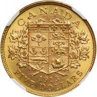 Canada. 5 Dollars, 1913. NGC MS64 - 2