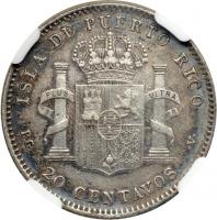 Puerto Rico. 20 Centavos, 1895-PGV. NGC AU50 - 2