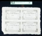 France, France Assignats 1795 Franc Issue, SCWPM# A78 7.1.1795 100 Francs Uncut Sheet of Four. PCGS About New 53 Apparen