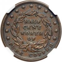 1837 Half Cent Token Low-49, Rulau HT-73 Rarity-2. NGC AU53 - 2