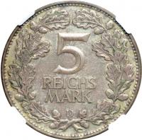 Germany. 5 Reichsmark, 1925-D. NGC AU55 - 2