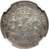 Puerto Rico. 20 Centavos, 1895-PGV. NGC AU - 2