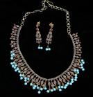 Turquoise, Diamond, Ruby, 10K Yellow Gold & Silver Necklace, Earring Suite