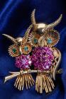 Ruby, Emerald, 18K Yellow Gold Owl Design Brooch