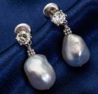 Pair of Pearl, Diamond, 14K White Gold Earrings