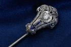 Art Deco, Diamond, Sapphire, 14K White Gold Stick Pin