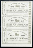 Richmond, VA - City of Richmond Uncut Sheet of Three. 60¢ Apr. 14, 1862. PCGS Choice About New 55PPQ - 2