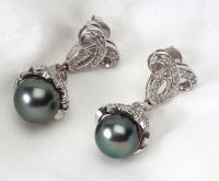 Pair of Tahitian Black Pearl, Diamond, 14K White Gold Drop Style Earrings