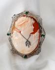 Carved Cameo, Diamond, Green Stone, 14K White Gold Brooch/Pendant