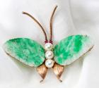 Jadeite, Cultured Pearl, Red Stone, 14K Yellow Gold Butterfly Brooch