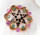 Diamond, Emerald, Ruby, Black Enamel Brooch