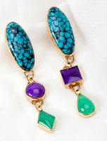 Pair of Custom Made Turquoise, Purple Stone, Green Stone, Diamond, 14K Yellow Gold Drop Earrings