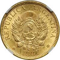 Argentina. 5 Pesos, 1887. NGC AU58 - 2
