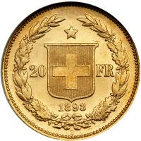 Switzerland. 20 Francs, 1893-B. NGC MS63 - 2