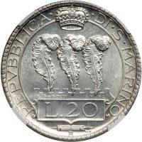 San Marino. 20 Lire, 1937-R. NGC MS61 - 2