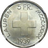 Switzerland. 5 Francs, 1939-B. NGC MS65 - 2