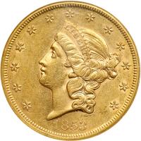 1853 $20 Liberty. NGC AU55