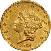 1853 $20 Liberty. NGC AU58