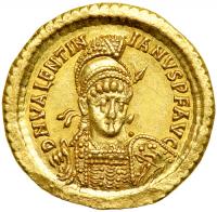 Valentinian III. AD 425-455. Gold Solidus. Minted at Constantinople, AD 430-440. EF