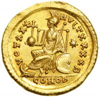 Valentinian III. AD 425-455. Gold Solidus. Minted at Constantinople, AD 430-440. EF - 2